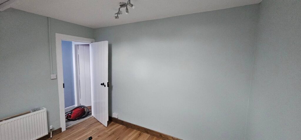 Interior room with soft blue painted walls, white door, and wood flooring for a calm modern look